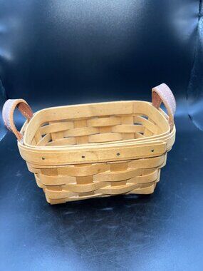 Longaberger Handmade Basket Leather Handles 2003 Rustic Woven Wood USA Vintage